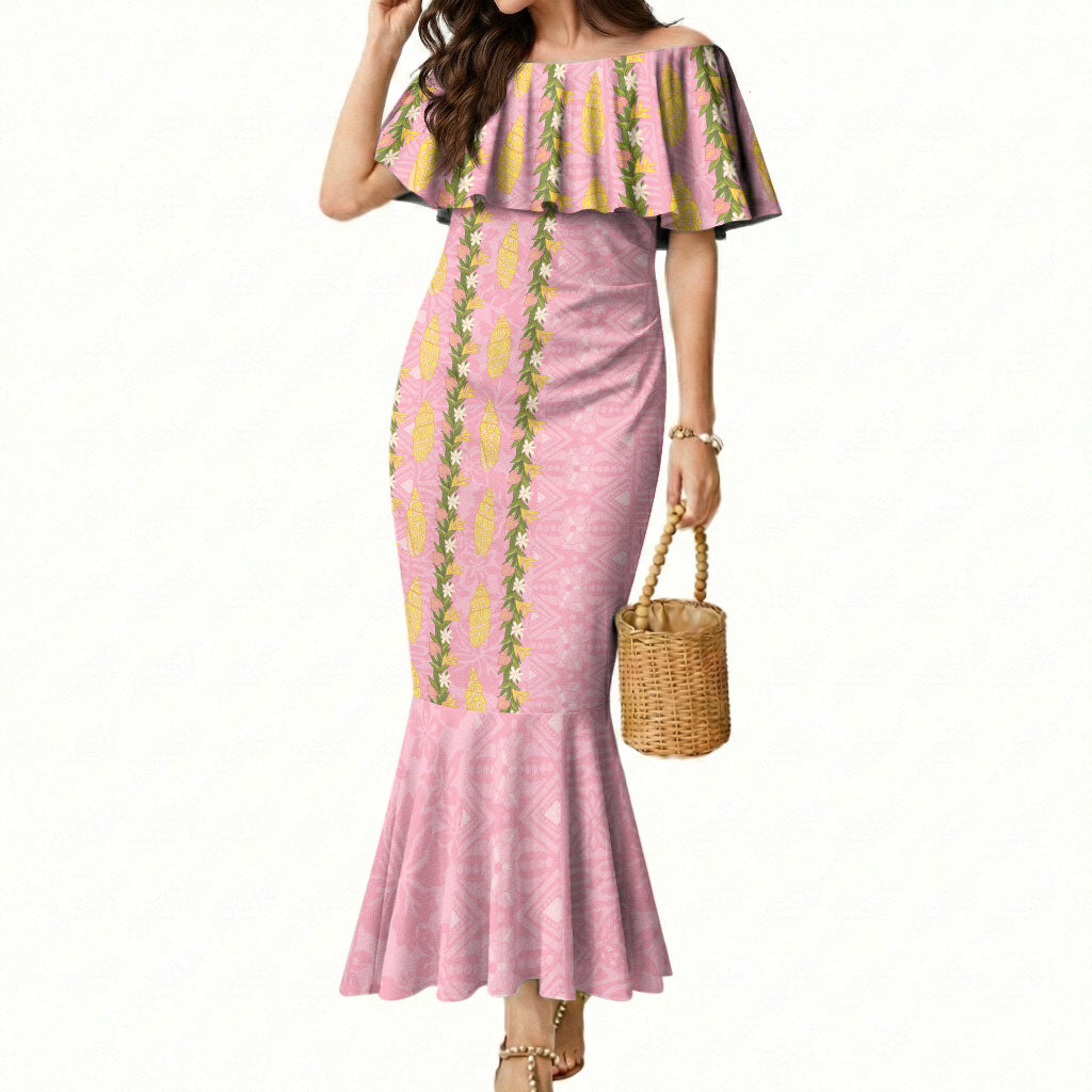 Hawaii Shell Tiare Anthurium Heliconia Lei Mermaid Dress With Tapa Pattern Baby Pink LT05 Women Pink - Polynesian Pride