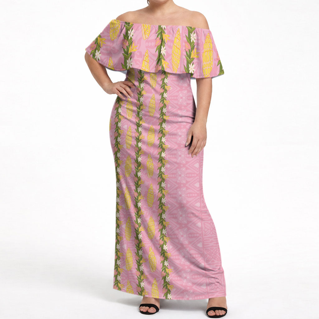 Hawaii Shell Tiare Anthurium Heliconia Lei Off Shoulder Maxi Dress With Tapa Pattern Baby Pink LT05 Women Pink - Polynesian Pride