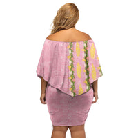 Hawaii Shell Tiare Anthurium Heliconia Lei Off Shoulder Short Dress With Tapa Pattern Baby Pink