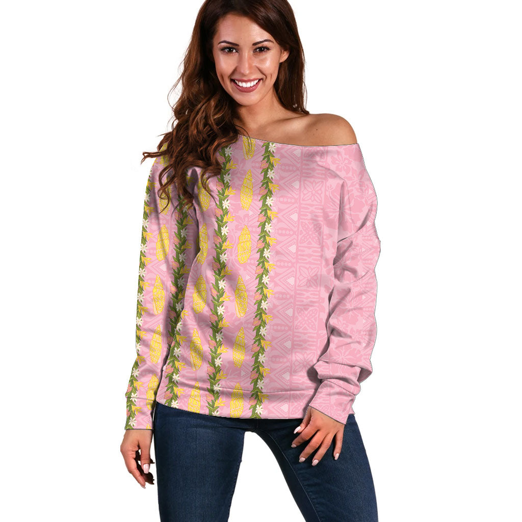 Hawaii Shell Tiare Anthurium Heliconia Lei Off Shoulder Sweater With Tapa Pattern Baby Pink LT05 Women Pink - Polynesian Pride