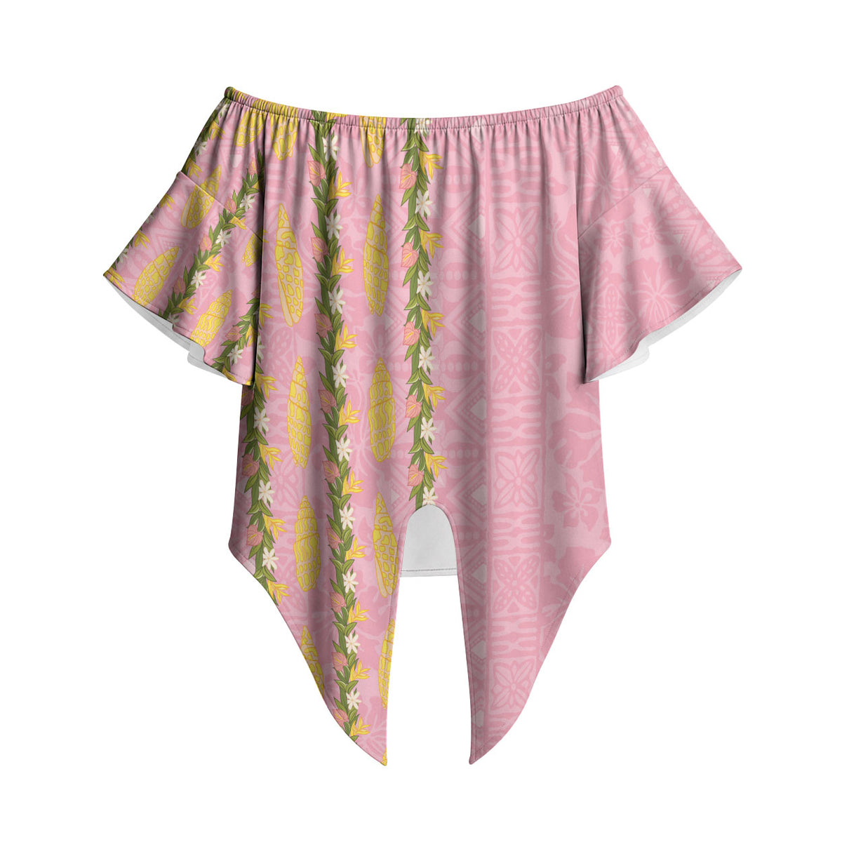 Hawaii Shell Tiare Anthurium Heliconia Lei Off Shoulder Wrap Waist Top With Tapa Pattern Baby Pink LT05 Pink - Polynesian Pride