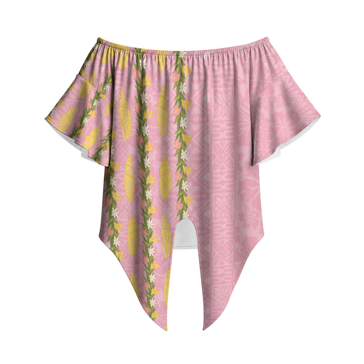 Hawaii Shell Tiare Anthurium Heliconia Lei Off Shoulder Wrap Waist Top With Tapa Pattern Baby Pink LT05 Pink - Polynesian Pride