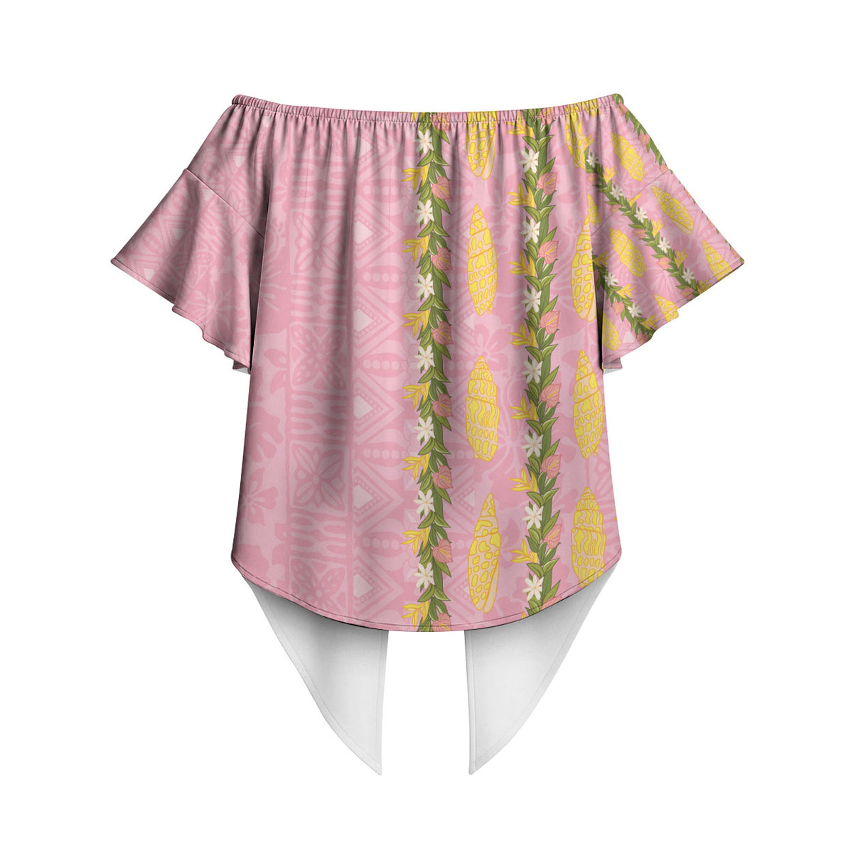 Hawaii Shell Tiare Anthurium Heliconia Lei Off Shoulder Wrap Waist Top With Tapa Pattern Baby Pink LT05 - Polynesian Pride