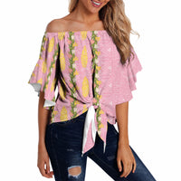 Hawaii Shell Tiare Anthurium Heliconia Lei Off Shoulder Wrap Waist Top With Tapa Pattern Baby Pink LT05 - Polynesian Pride