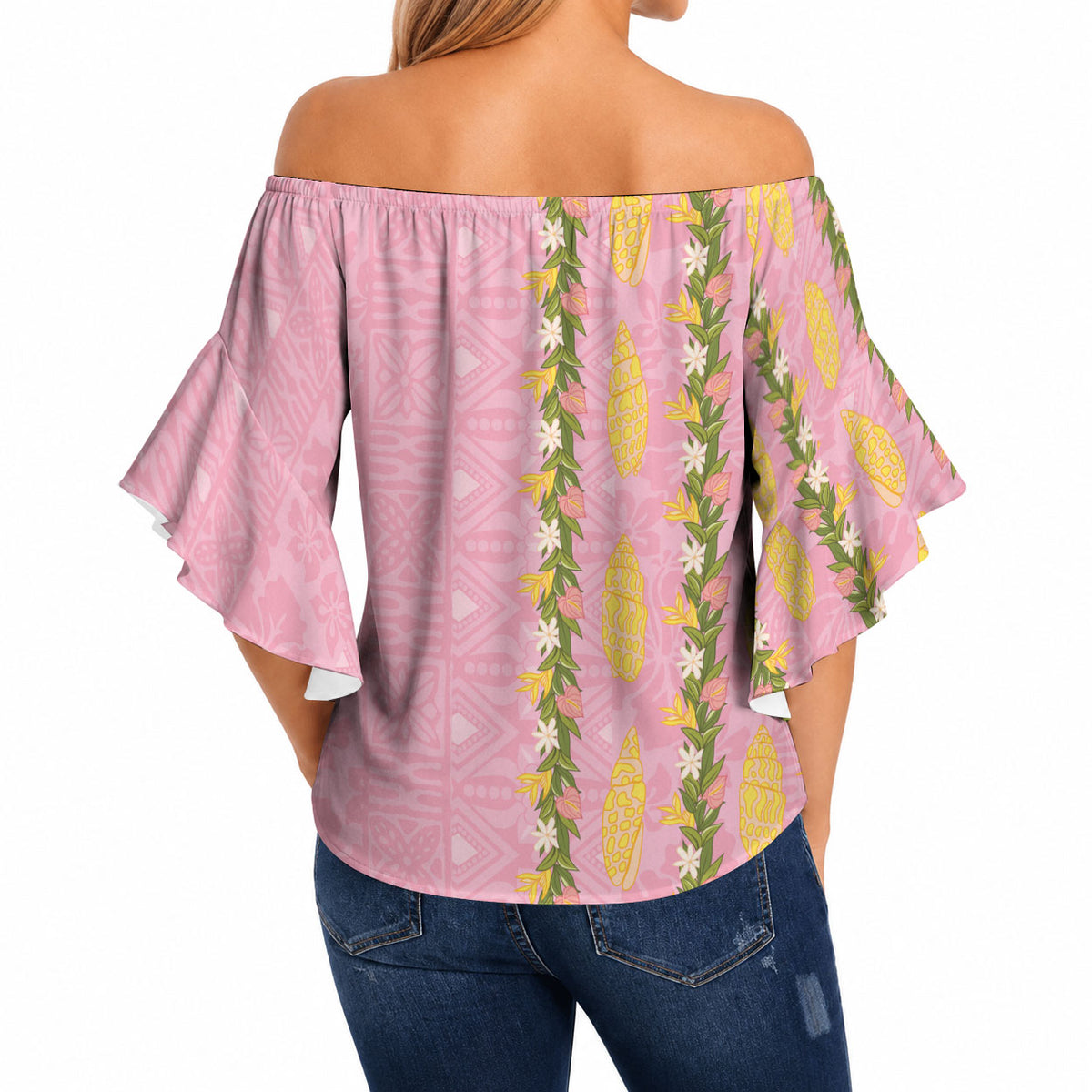 Hawaii Shell Tiare Anthurium Heliconia Lei Off Shoulder Wrap Waist Top With Tapa Pattern Baby Pink LT05 - Polynesian Pride