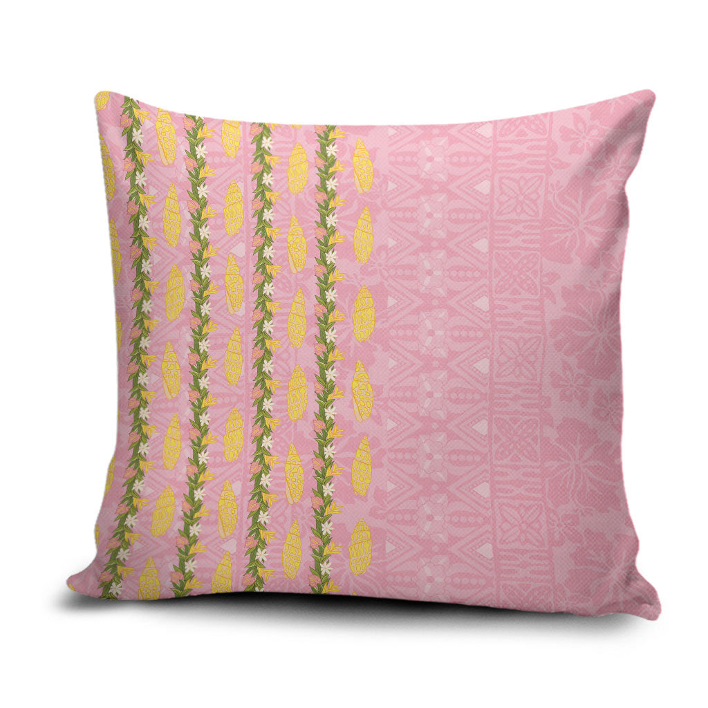 Hawaii Shell Tiare Anthurium Heliconia Lei Pillow Cover With Tapa Pattern Baby Pink LT05 Pink - Polynesian Pride
