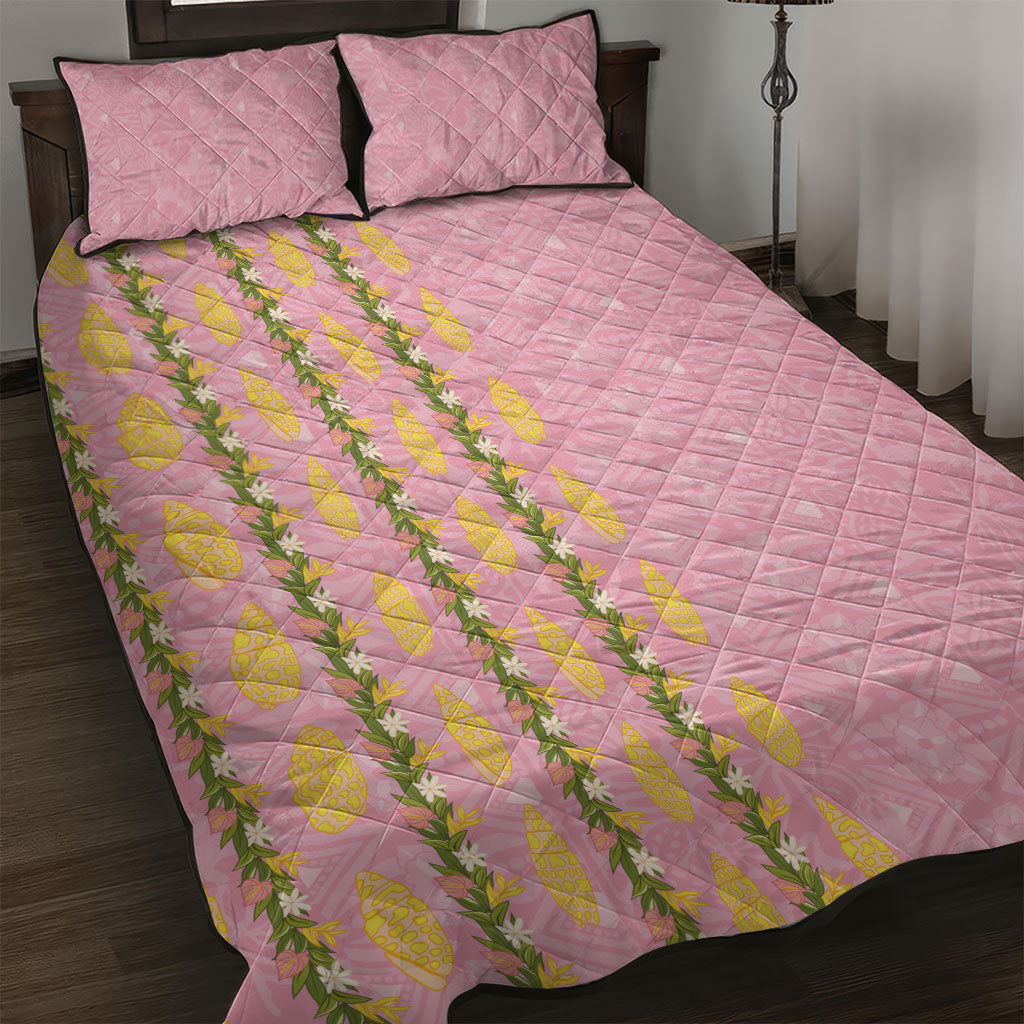 Hawaii Shell Tiare Anthurium Heliconia Lei Quilt Bed Set With Tapa Pattern Baby Pink LT05 Pink - Polynesian Pride