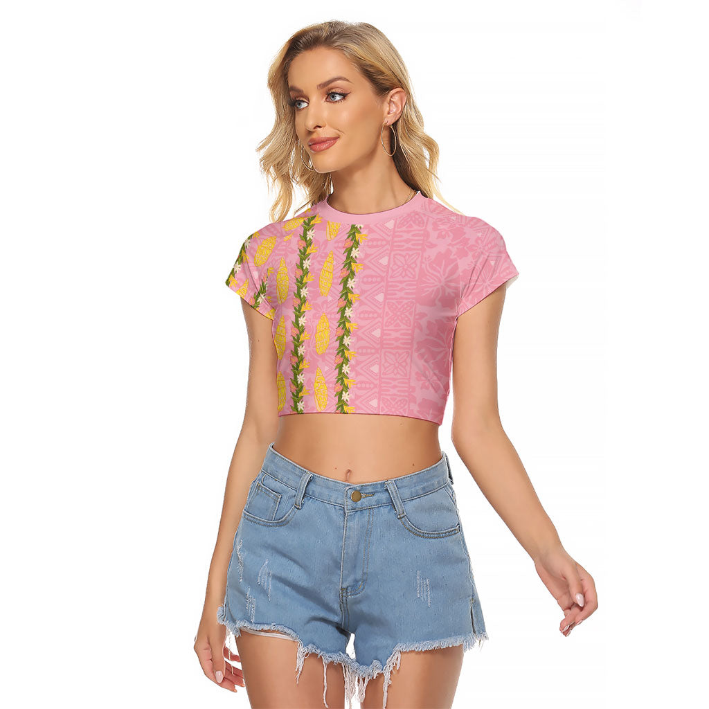 Hawaii Shell Tiare Anthurium Heliconia Lei Raglan Cropped T Shirt With Tapa Pattern Baby Pink LT05 Female Pink - Polynesian Pride