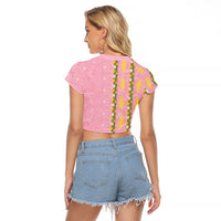 Hawaii Shell Tiare Anthurium Heliconia Lei Raglan Cropped T Shirt With Tapa Pattern Baby Pink