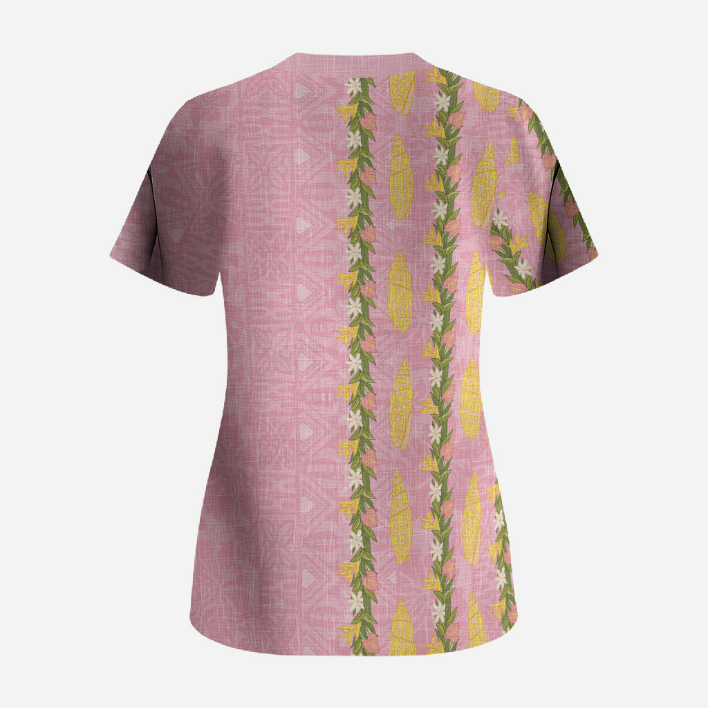Hawaii Shell Tiare Anthurium Heliconia Lei Scrub Top With Tapa Pattern Baby Pink