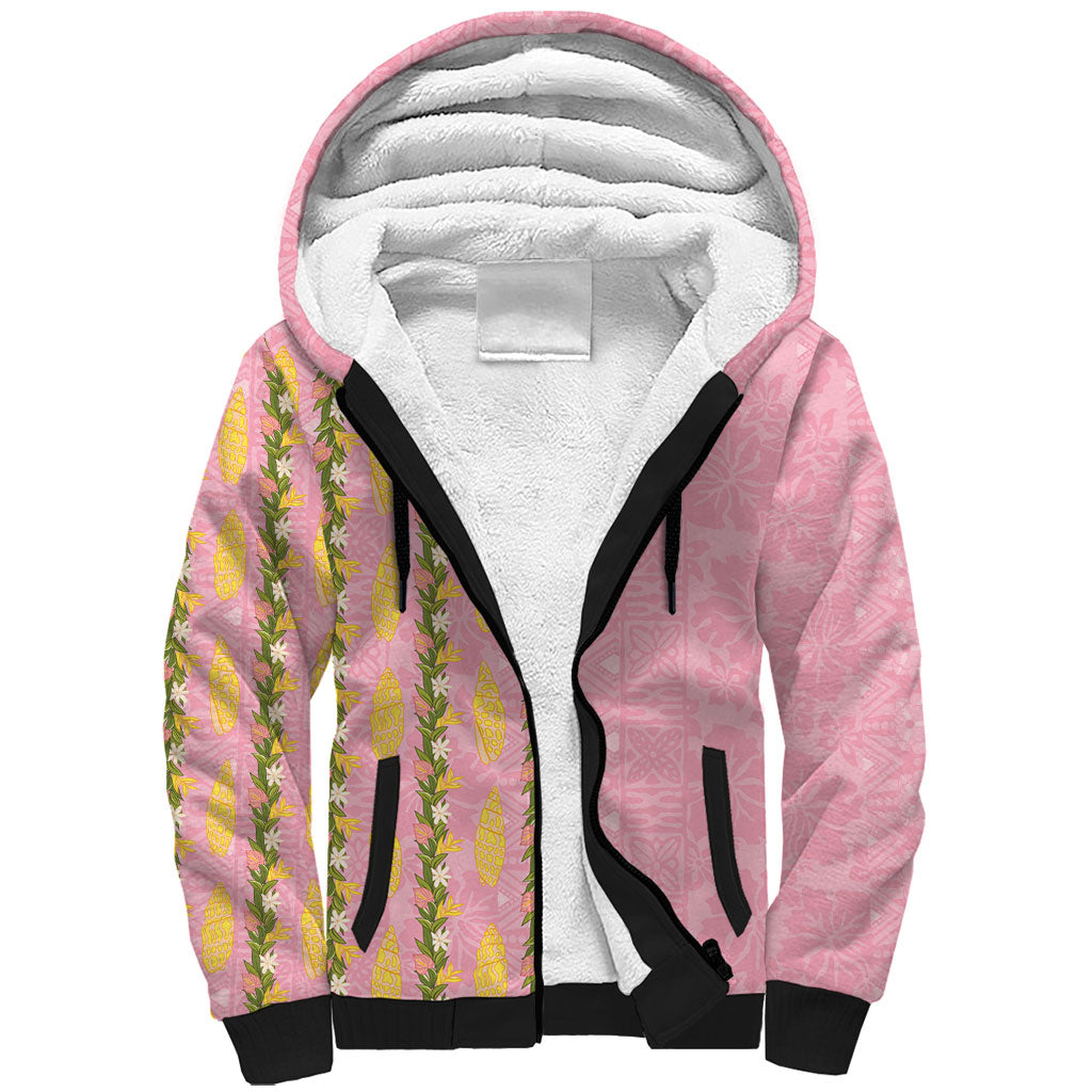 Hawaii Shell Tiare Anthurium Heliconia Lei Sherpa Hoodie With Tapa Pattern Baby Pink LT05 Unisex Pink - Polynesian Pride