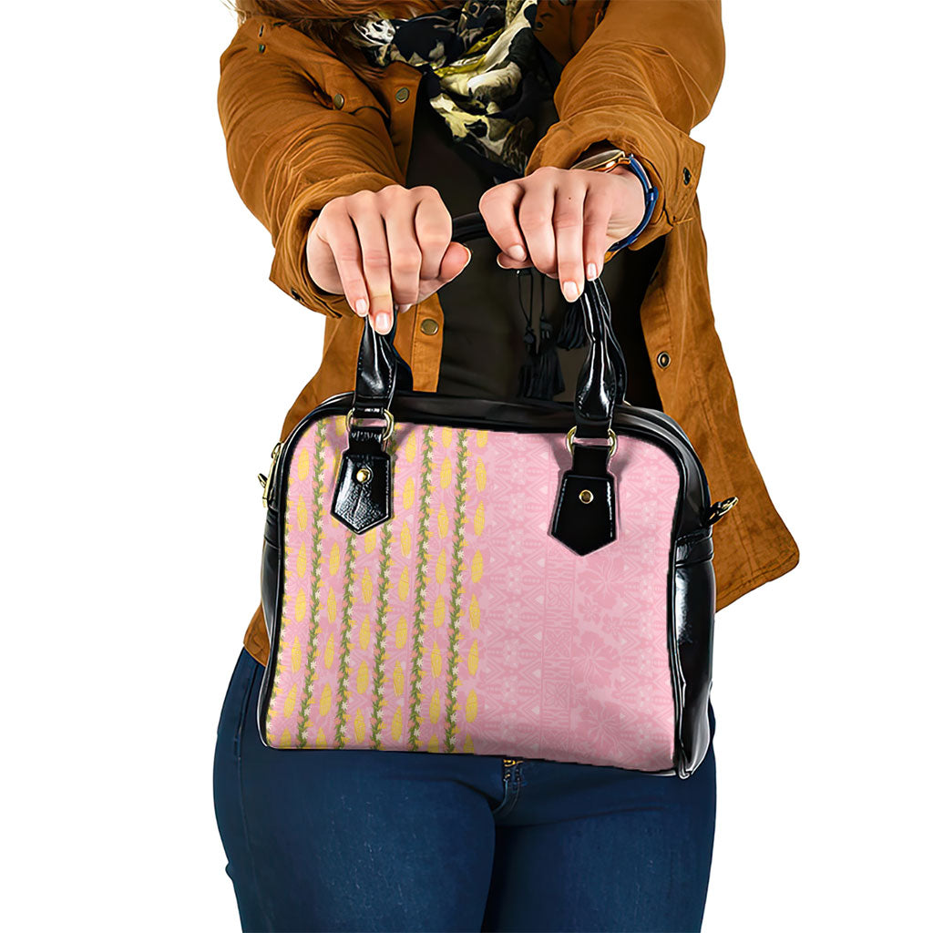Hawaii Shell Tiare Anthurium Heliconia Lei Shoulder Handbag With Tapa Pattern Baby Pink LT05 One Size Pink - Polynesian Pride