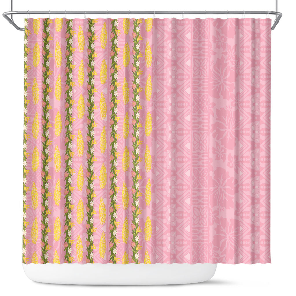 Hawaii Shell Tiare Anthurium Heliconia Lei Shower Curtain With Tapa Pattern Baby Pink LT05 Pink - Polynesian Pride