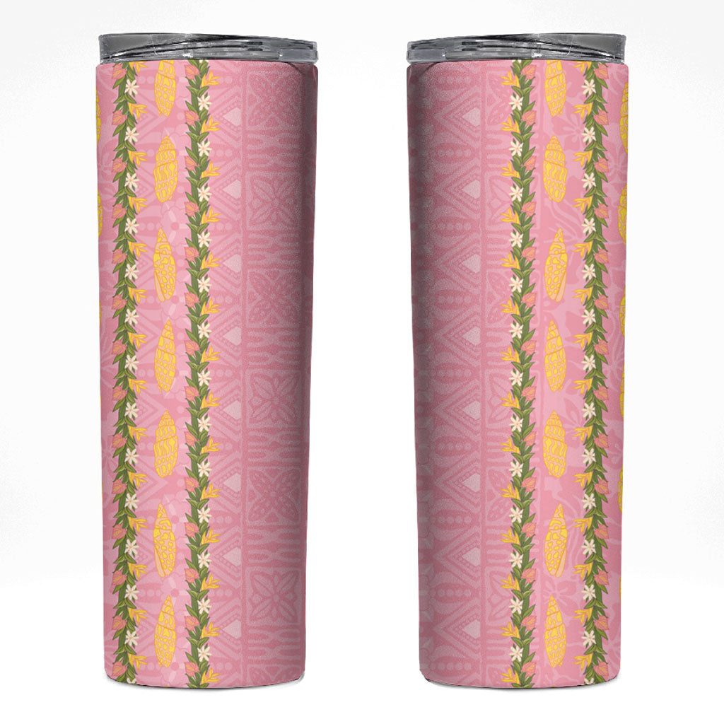 Hawaii Shell Tiare Anthurium Heliconia Lei Skinny Tumbler With Tapa Pattern Baby Pink LT05 Pink - Polynesian Pride