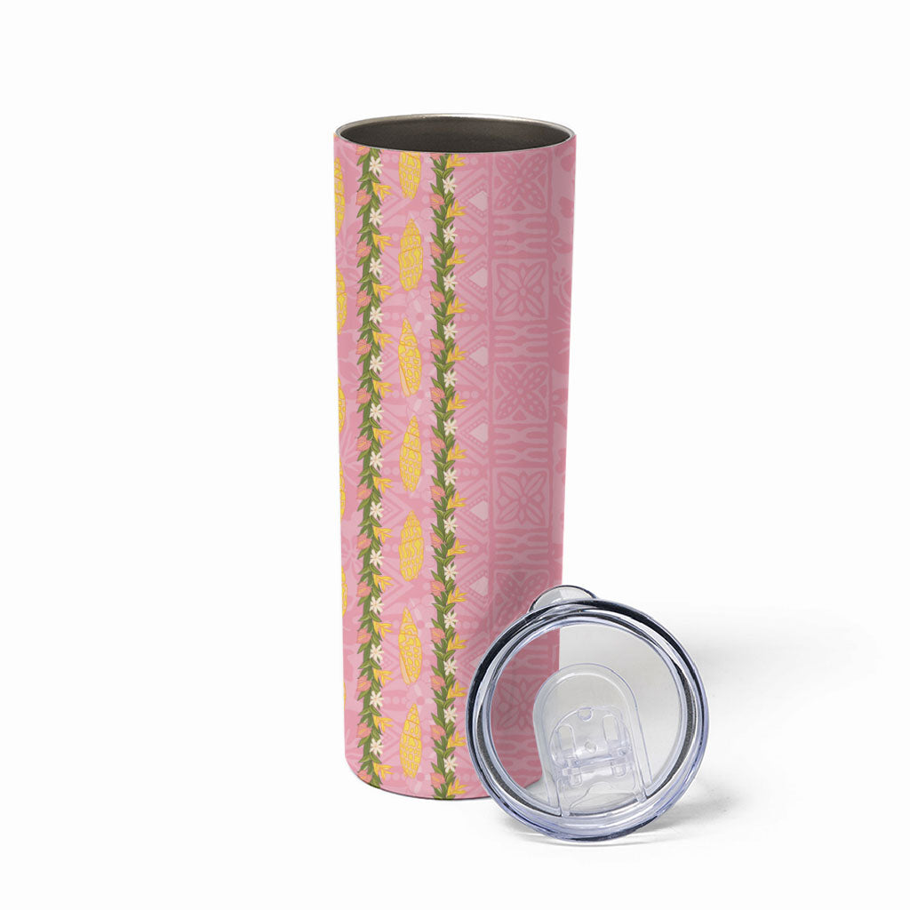 Hawaii Shell Tiare Anthurium Heliconia Lei Skinny Tumbler With Tapa Pattern Baby Pink