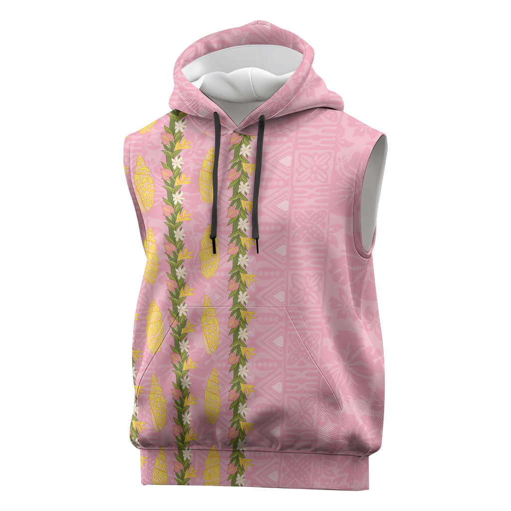 Hawaii Shell Tiare Anthurium Heliconia Lei Sleeveless Hoodie With Tapa Pattern Baby Pink LT05 Pink - Polynesian Pride