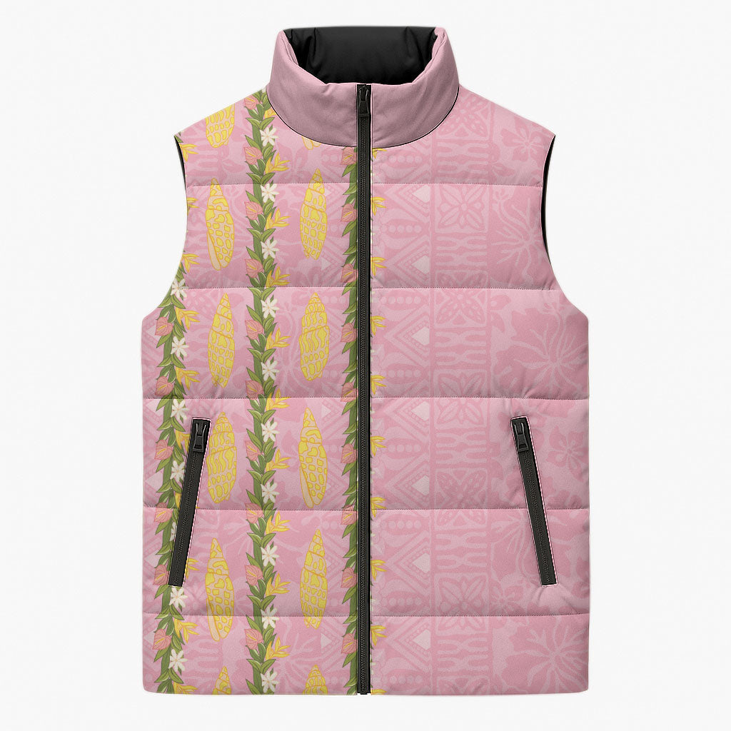 Hawaii Shell Tiare Anthurium Heliconia Lei Sleeveless Puffer Jacket With Tapa Pattern Baby Pink LT05 Unisex Pink - Polynesian Pride