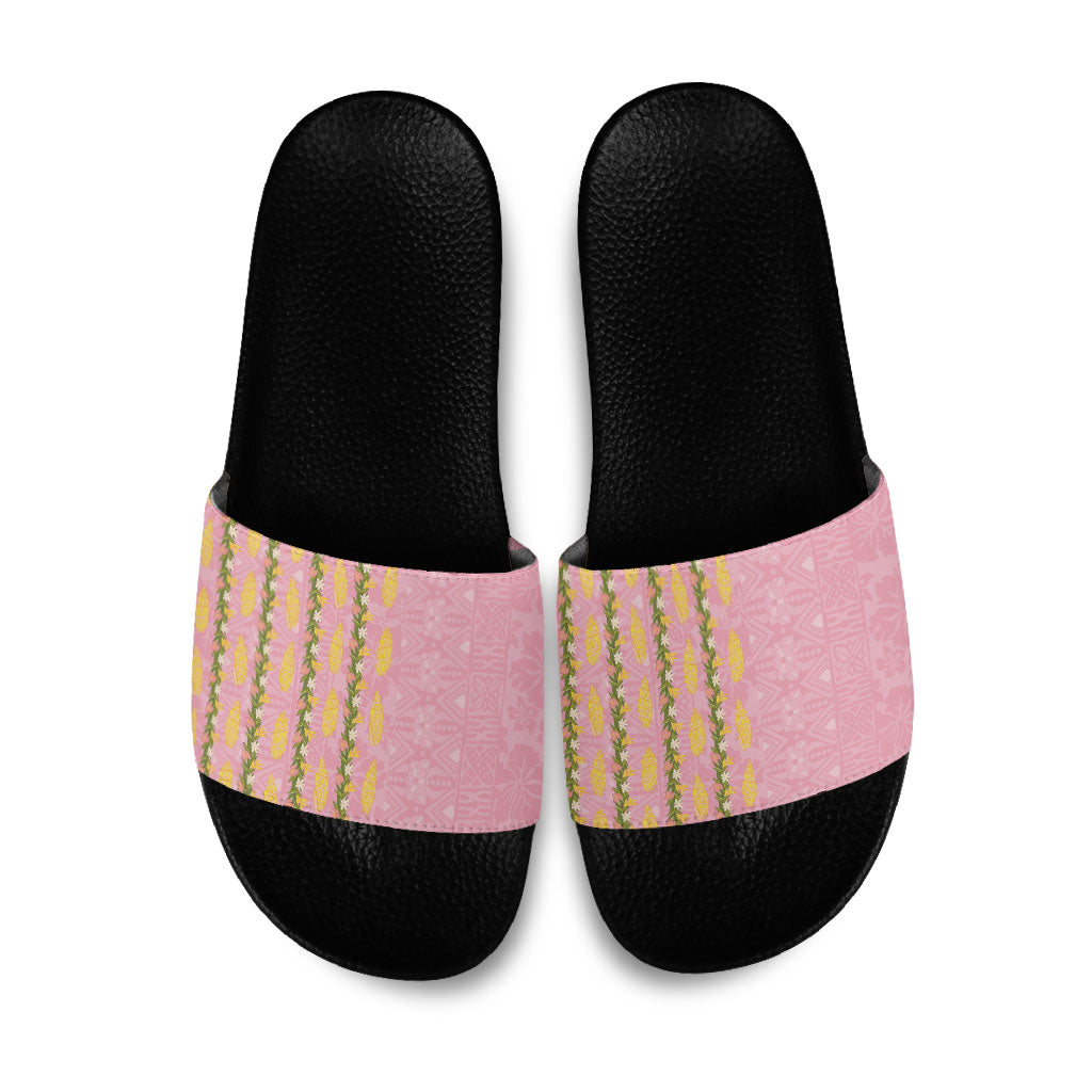 Hawaii Shell Tiare Anthurium Heliconia Lei Slide Sandals With Tapa Pattern Baby Pink LT05 Pink - Polynesian Pride