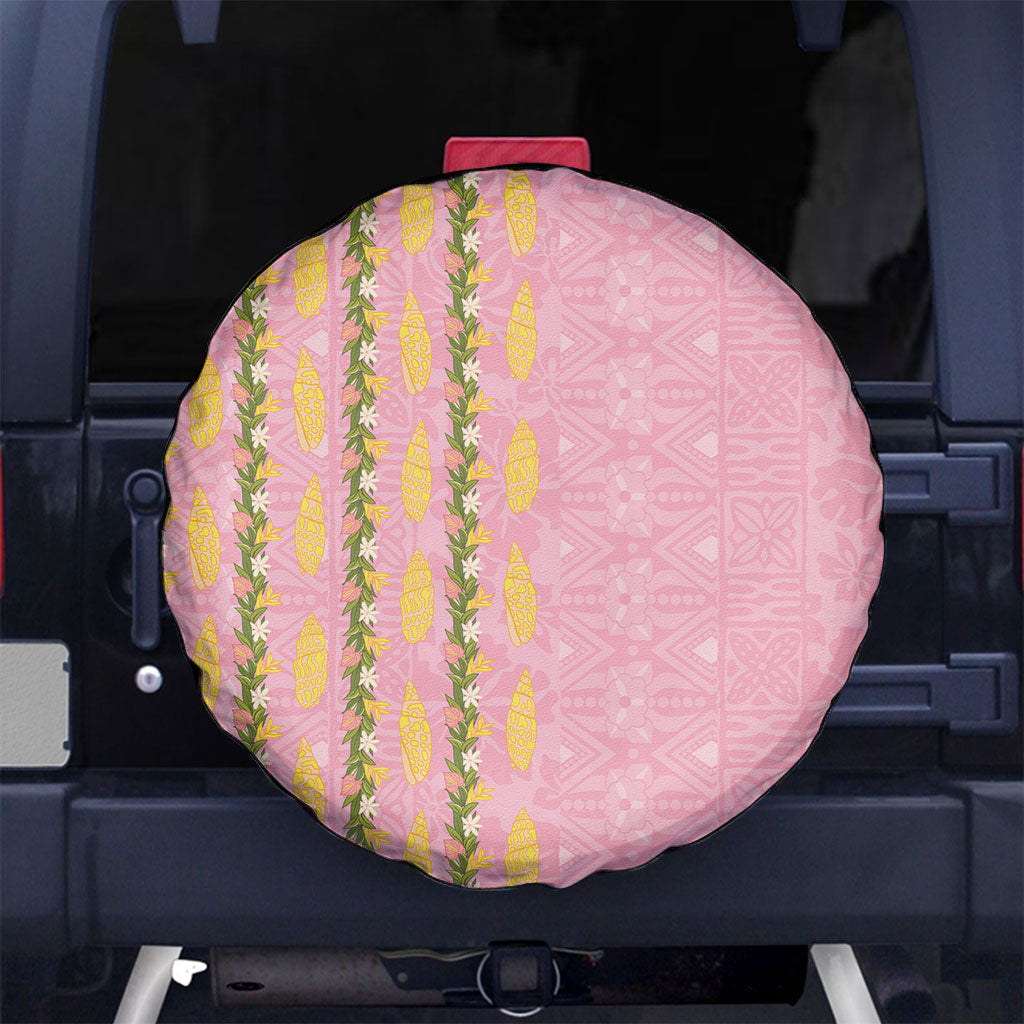 Hawaii Shell Tiare Anthurium Heliconia Lei Spare Tire Cover With Tapa Pattern Baby Pink LT05 No hole Pink - Polynesian Pride