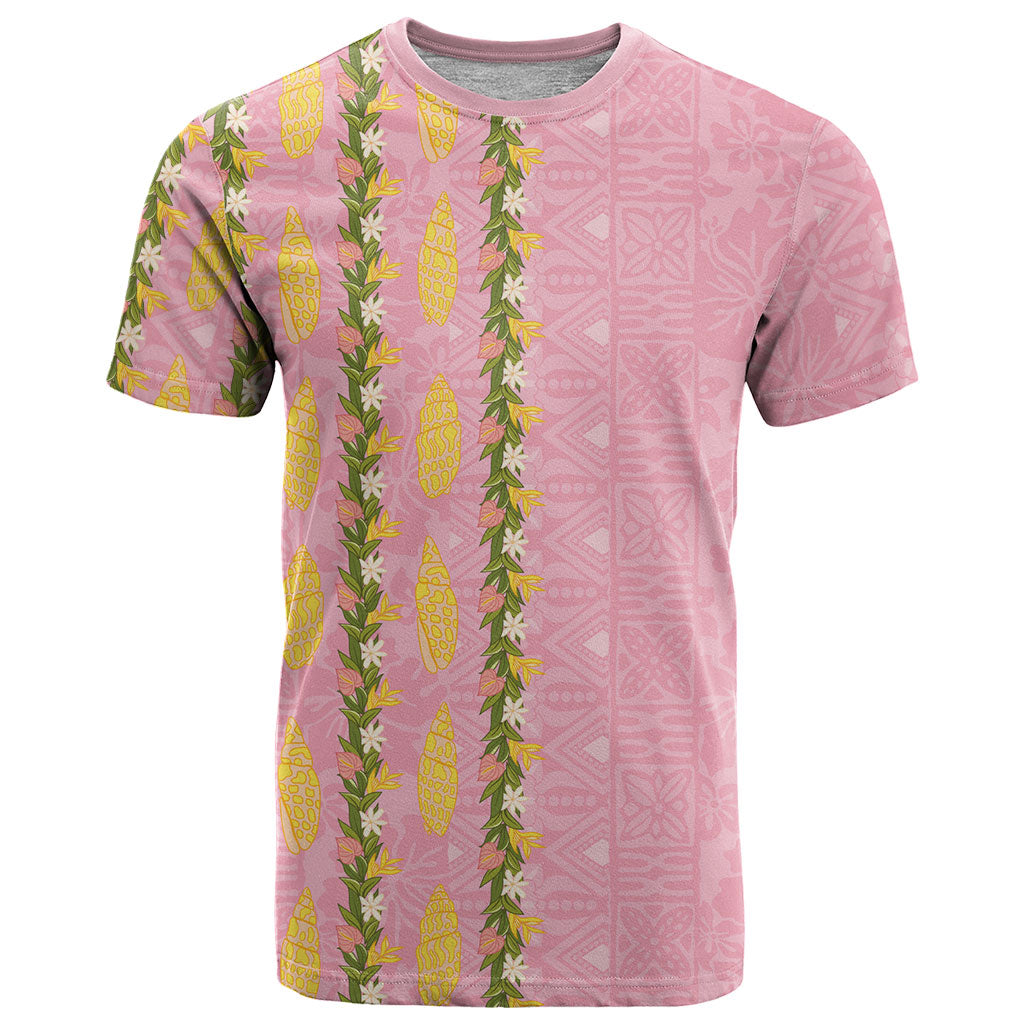 Hawaii Shell Tiare Anthurium Heliconia Lei T Shirt With Tapa Pattern Baby Pink LT05 Pink - Polynesian Pride