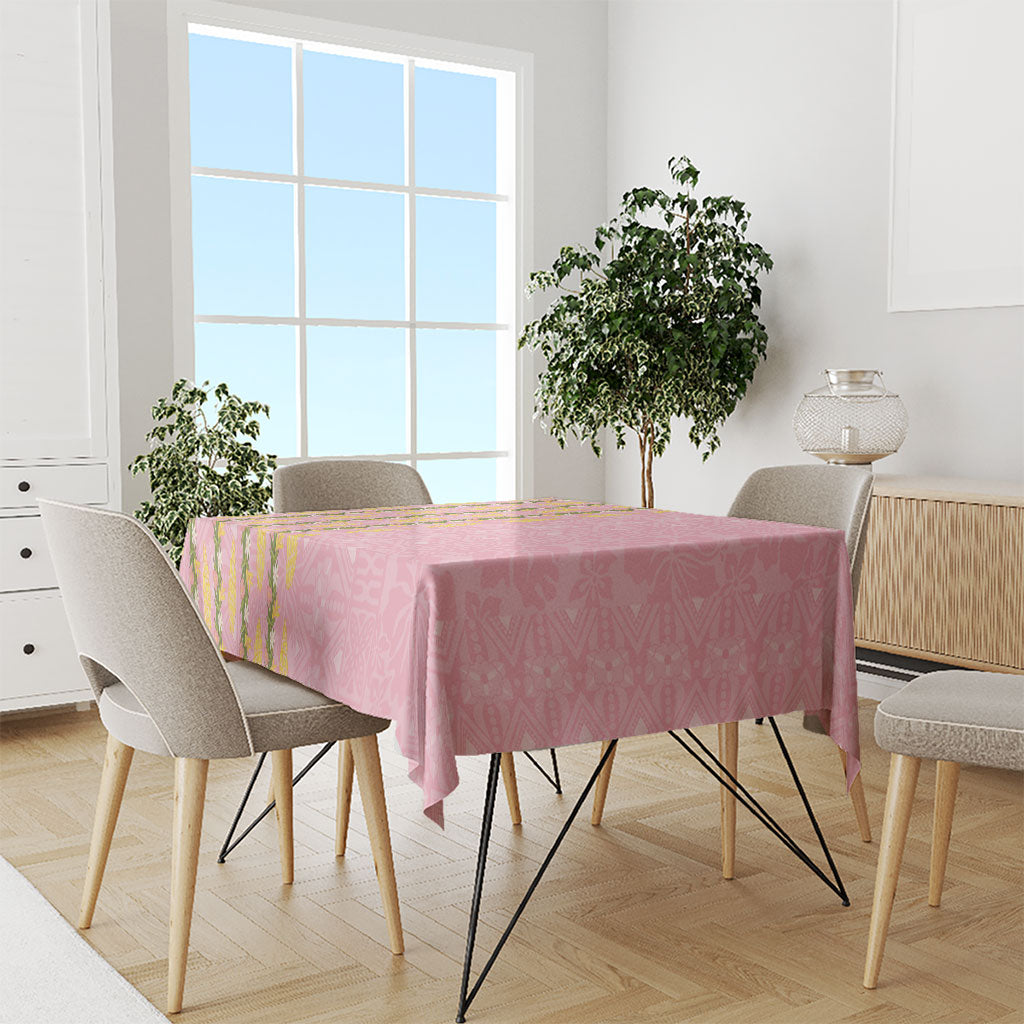 Hawaii Shell Tiare Anthurium Heliconia Lei Tablecloth With Tapa Pattern Baby Pink