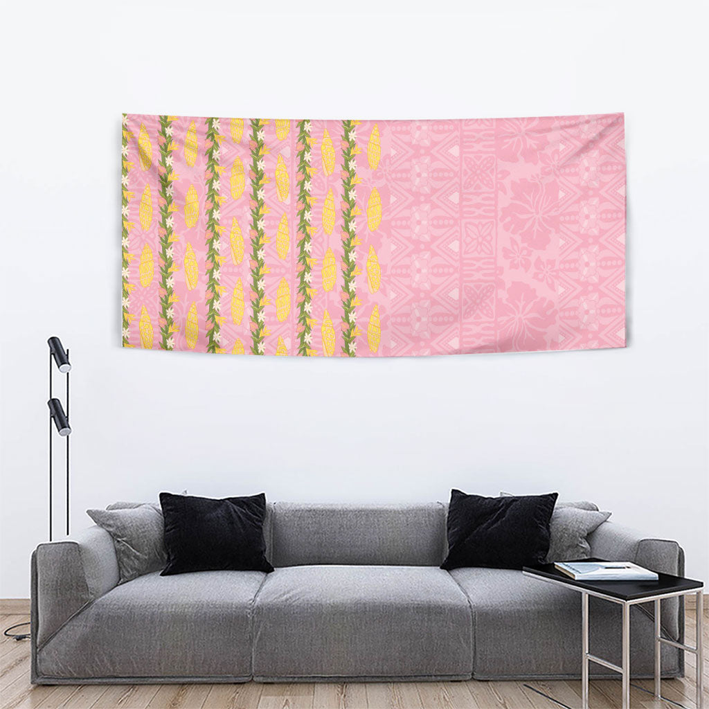 Hawaii Shell Tiare Anthurium Heliconia Lei Tapestry With Tapa Pattern Baby Pink