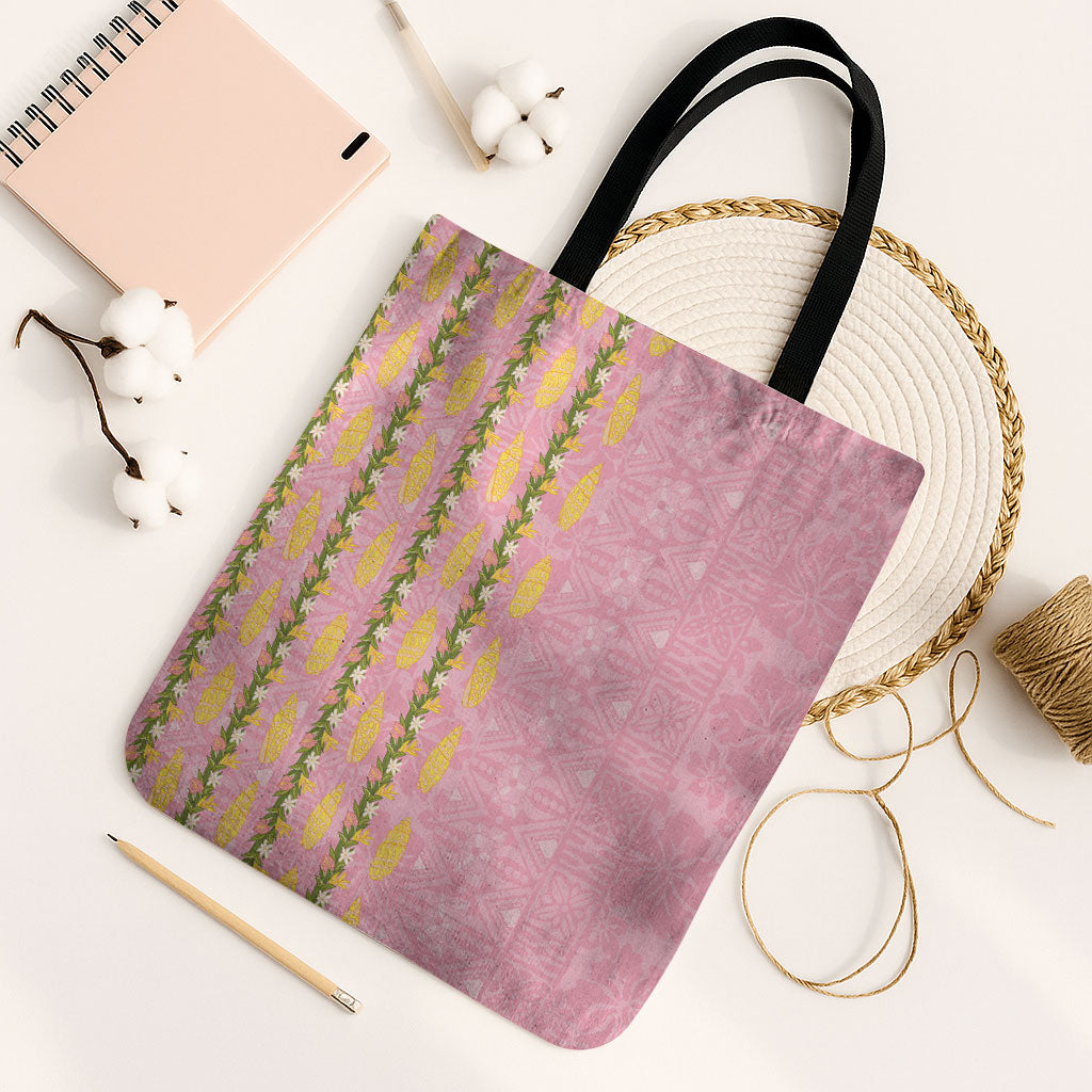 Hawaii Shell Tiare Anthurium Heliconia Lei Tote Bag With Tapa Pattern Baby Pink LT05 Black Strap One Size Pink - Polynesian Pride