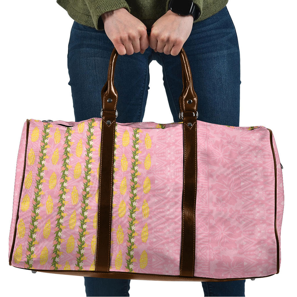 Hawaii Shell Tiare Anthurium Heliconia Lei Travel Bag With Tapa Pattern Baby Pink LT05 Pink - Polynesian Pride