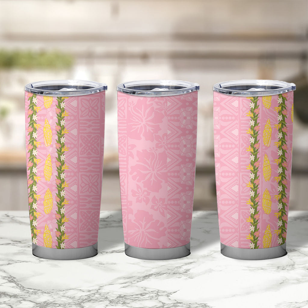 Hawaii Shell Tiare Anthurium Heliconia Lei Tumbler Cup With Tapa Pattern Baby Pink