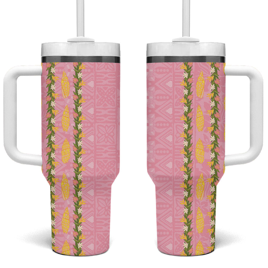 Hawaii Shell Tiare Anthurium Heliconia Lei Tumbler With Handle With Tapa Pattern Baby Pink LT05 One Size: 40 oz Pink - Polynesian Pride