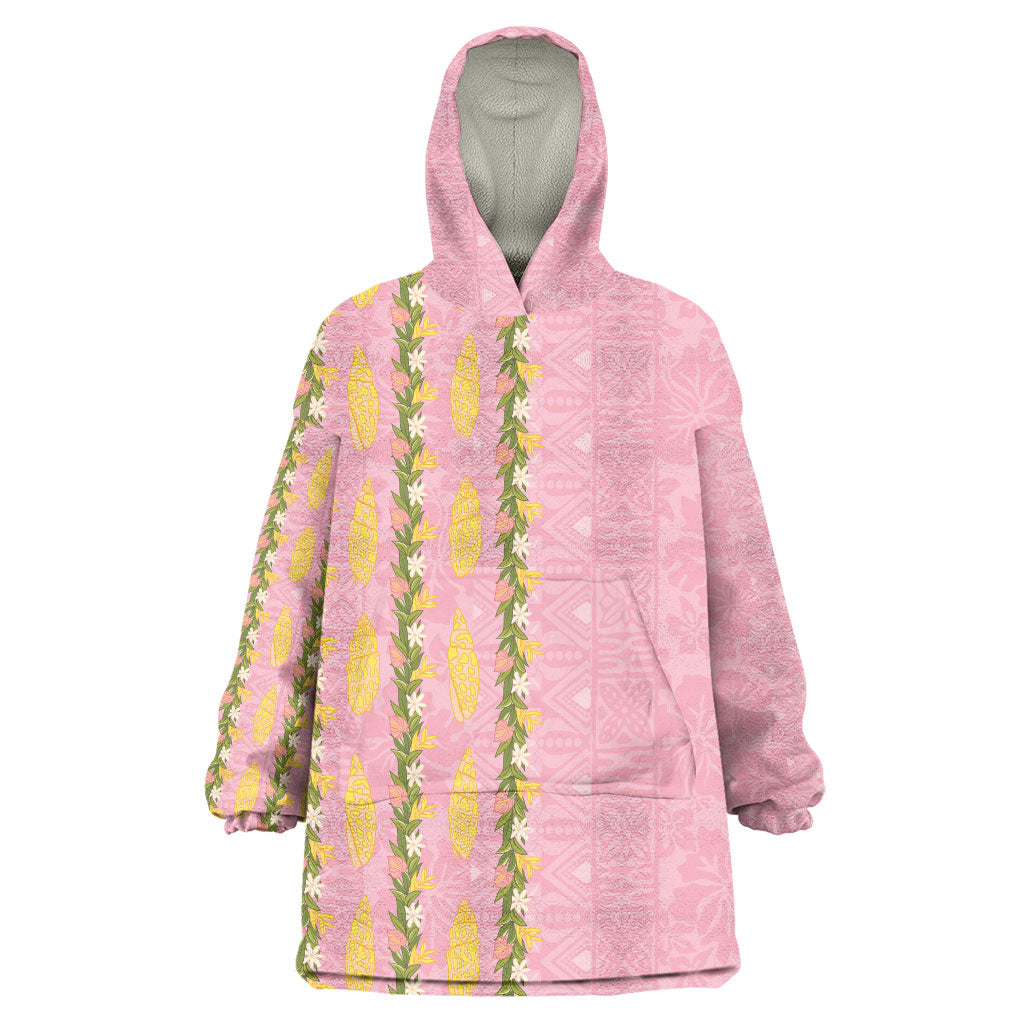 Hawaii Shell Tiare Anthurium Heliconia Lei Wearable Blanket Hoodie With Tapa Pattern Baby Pink LT05 One Size Pink - Polynesian Pride