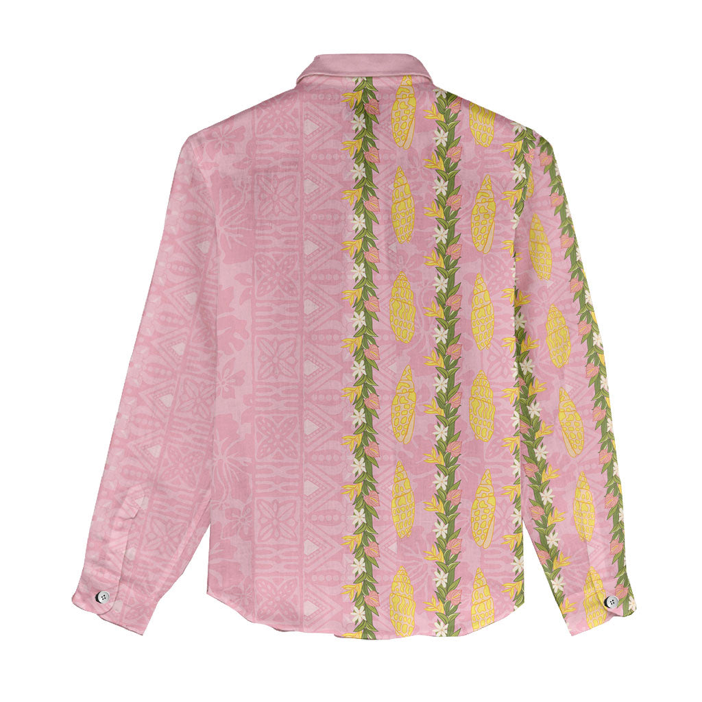 Hawaii Shell Tiare Anthurium Heliconia Lei Women Casual Shirt With Tapa Pattern Baby Pink