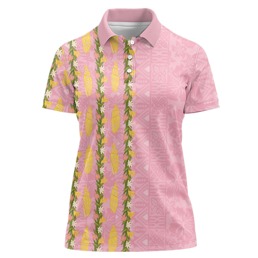 Hawaii Shell Tiare Anthurium Heliconia Lei Women Polo Shirt With Tapa Pattern Baby Pink LT05 Female Pink - Polynesian Pride