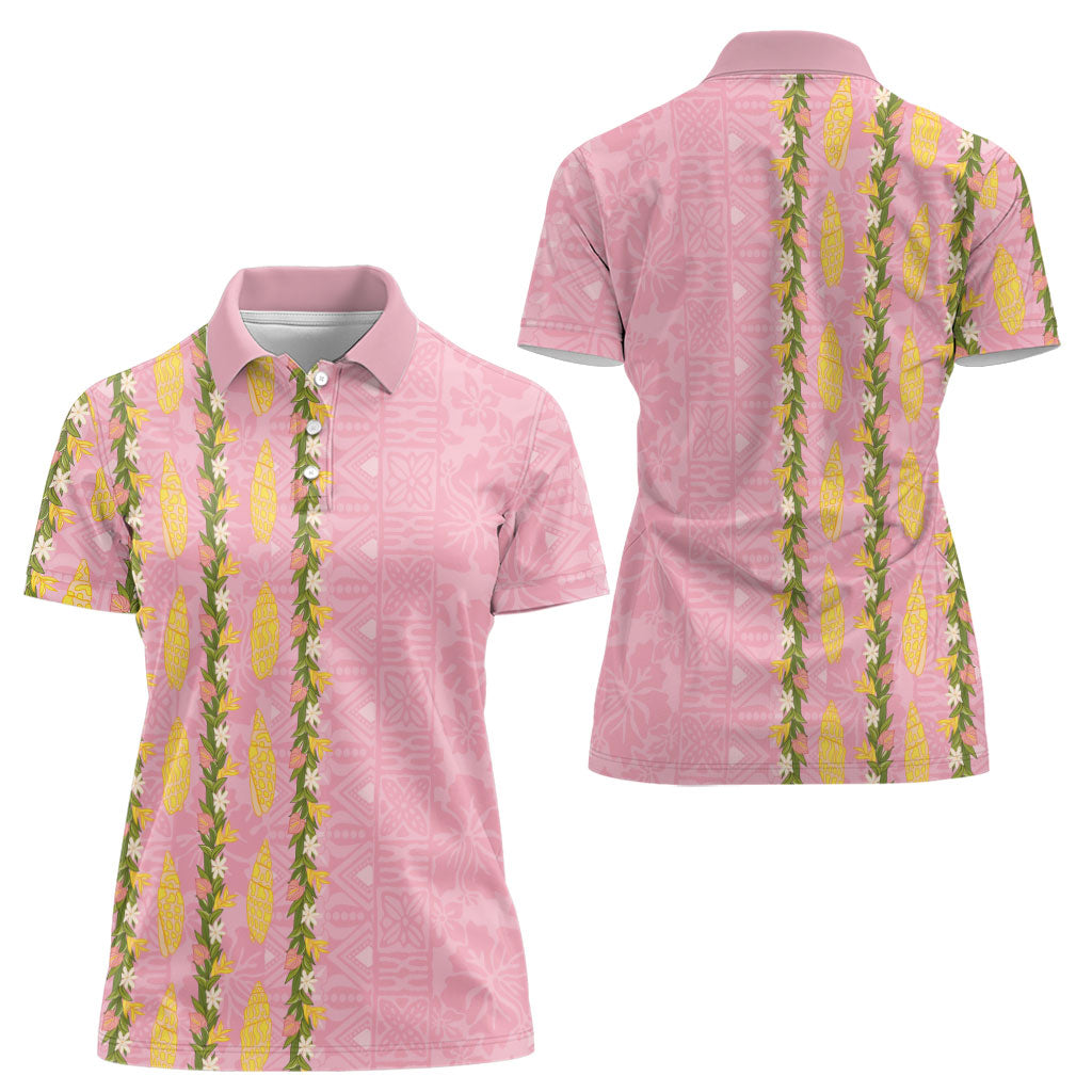 Hawaii Shell Tiare Anthurium Heliconia Lei Women Polo Shirt With Tapa Pattern Baby Pink