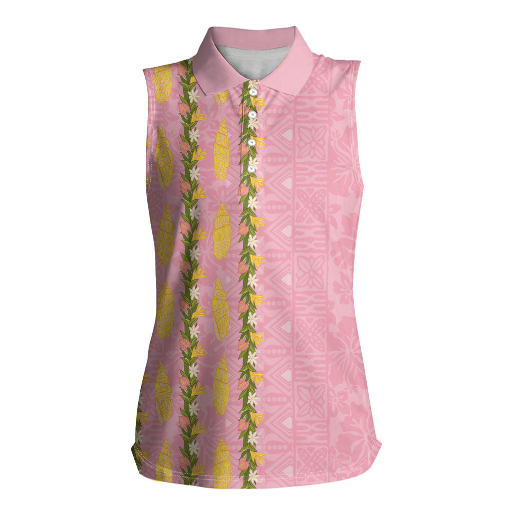 Hawaii Shell Tiare Anthurium Heliconia Lei Women Sleeveless Polo Shirt With Tapa Pattern Baby Pink LT05 Female Pink - Polynesian Pride
