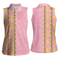 Hawaii Shell Tiare Anthurium Heliconia Lei Women Sleeveless Polo Shirt With Tapa Pattern Baby Pink