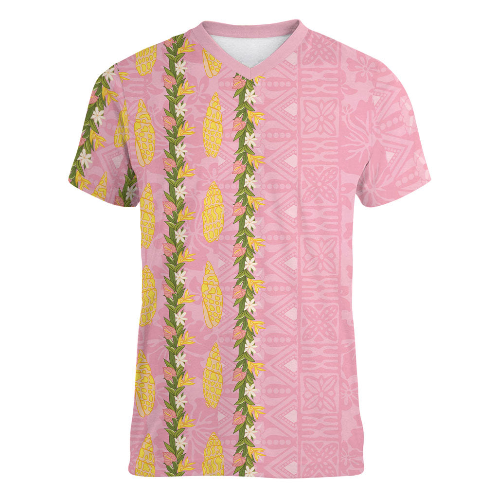 Hawaii Shell Tiare Anthurium Heliconia Lei Women V-Neck T-Shirt With Tapa Pattern Baby Pink LT05 Female Pink - Polynesian Pride