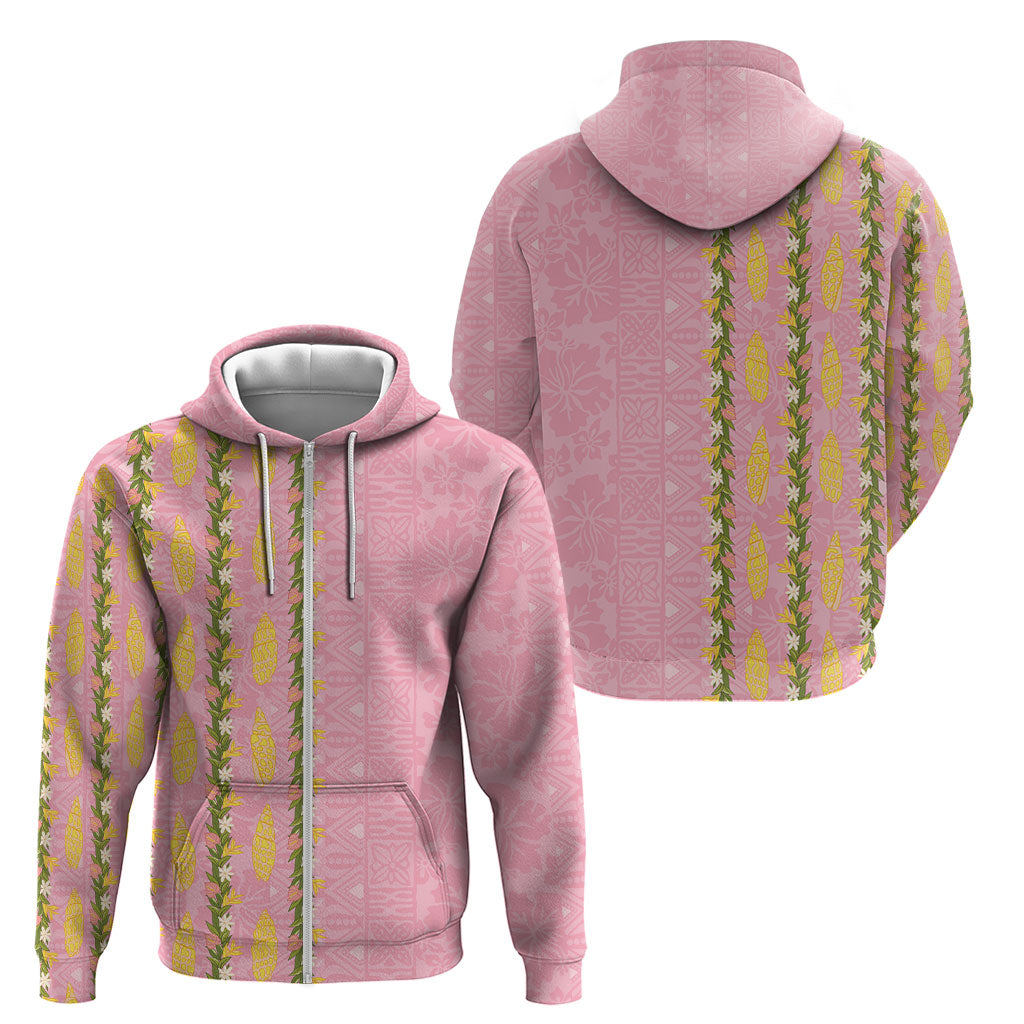 Hawaii Shell Tiare Anthurium Heliconia Lei Zip Hoodie With Tapa Pattern Baby Pink