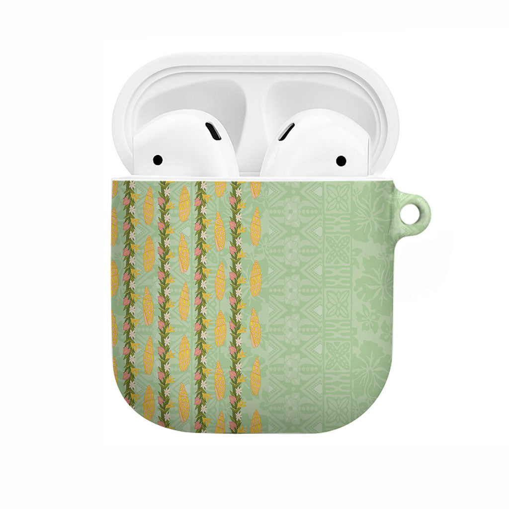 Hawaii Shell Tiare Anthurium Heliconia Lei AirPods Case With Tapa Pattern Baby Green LT05 Green - Polynesian Pride