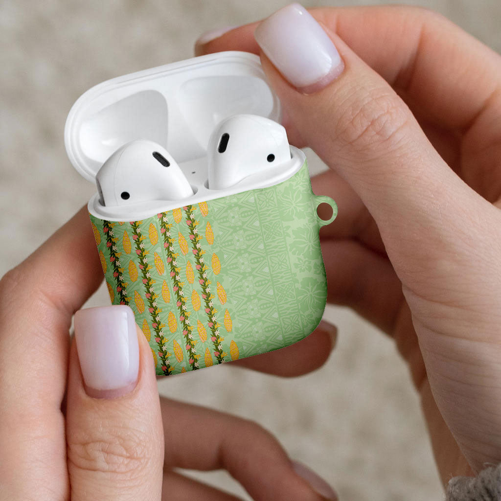 Hawaii Shell Tiare Anthurium Heliconia Lei AirPods Case With Tapa Pattern Baby Green