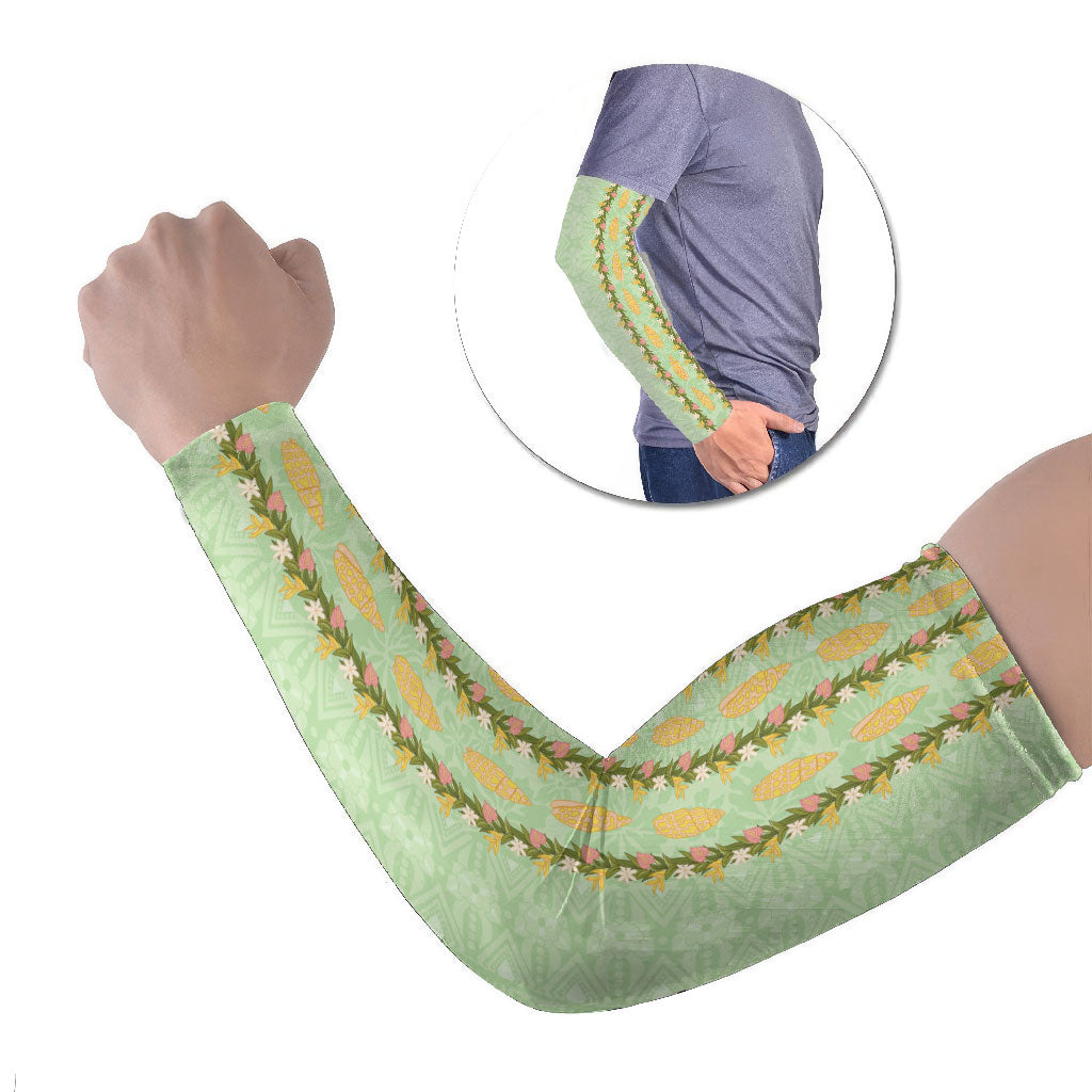 Hawaii Shell Tiare Anthurium Heliconia Lei Arm Sleeves With Tapa Pattern Baby Green LT05 Set of 2 Green - Polynesian Pride