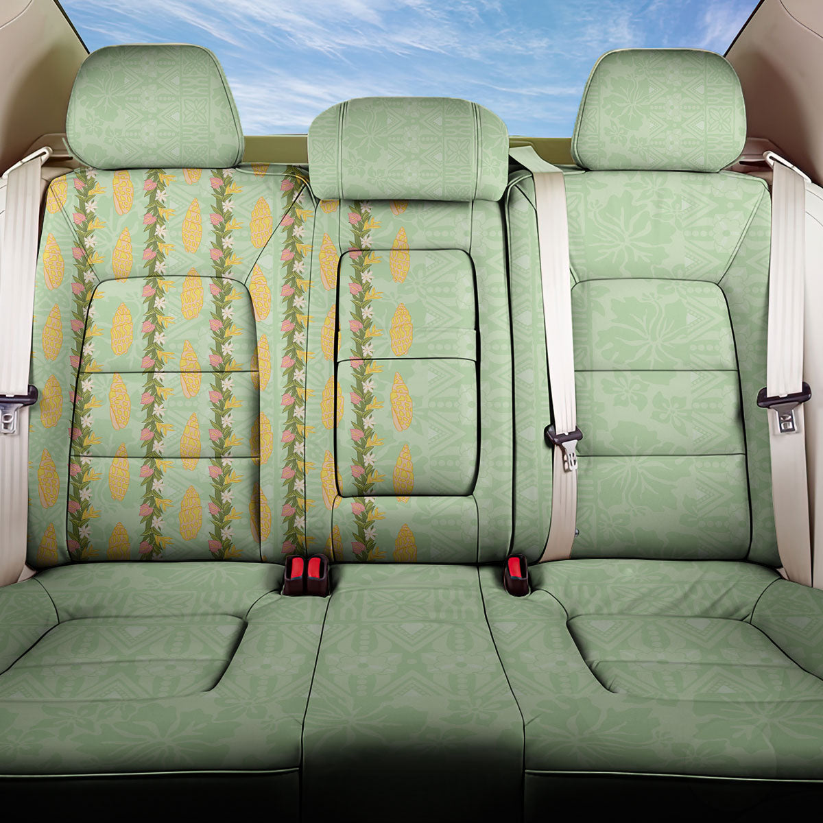 Hawaii Shell Tiare Anthurium Heliconia Lei Back Car Seat Cover With Tapa Pattern Baby Green LT05 One Size Green - Polynesian Pride