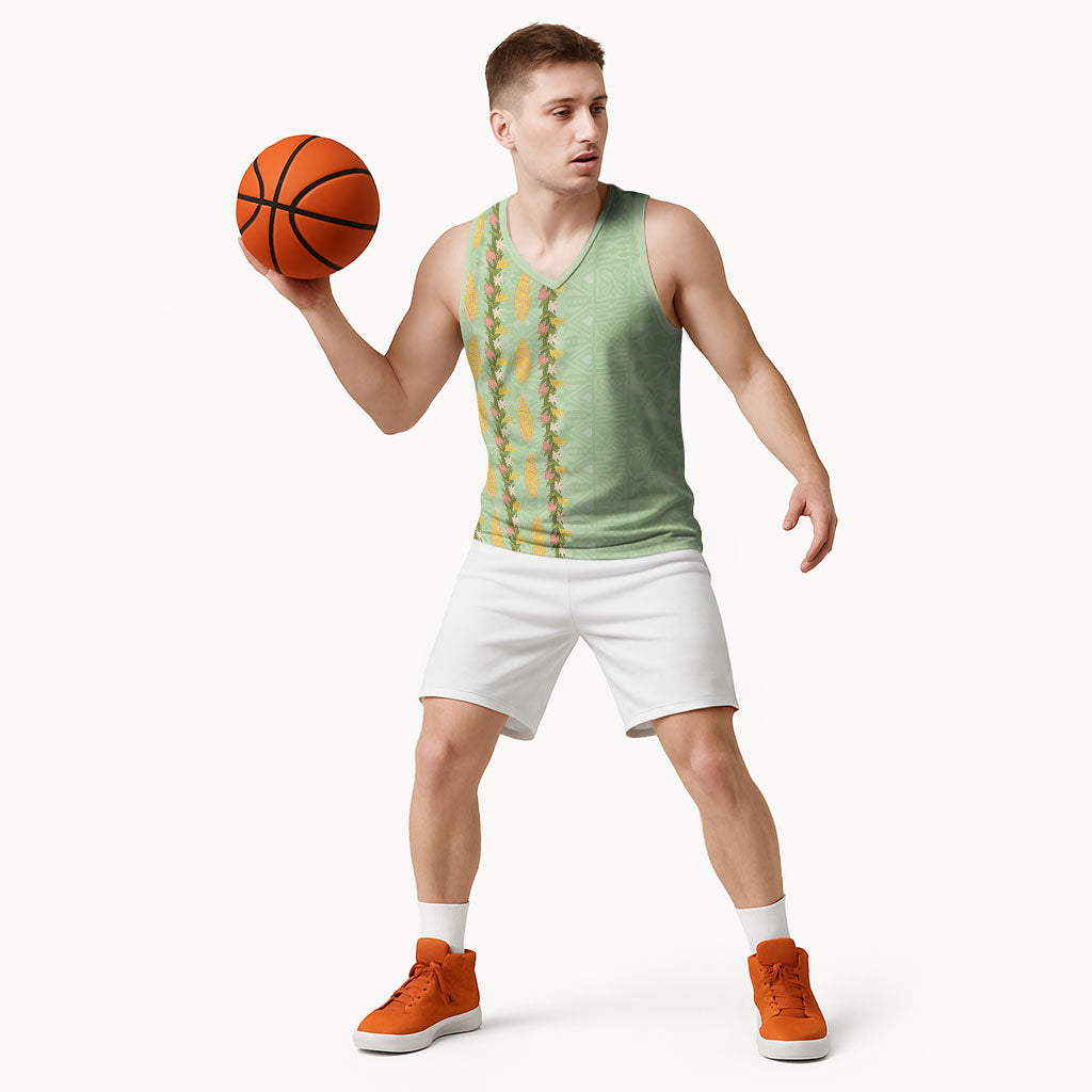 Hawaii Shell Tiare Anthurium Heliconia Lei Basketball Jersey With Tapa Pattern Baby Green