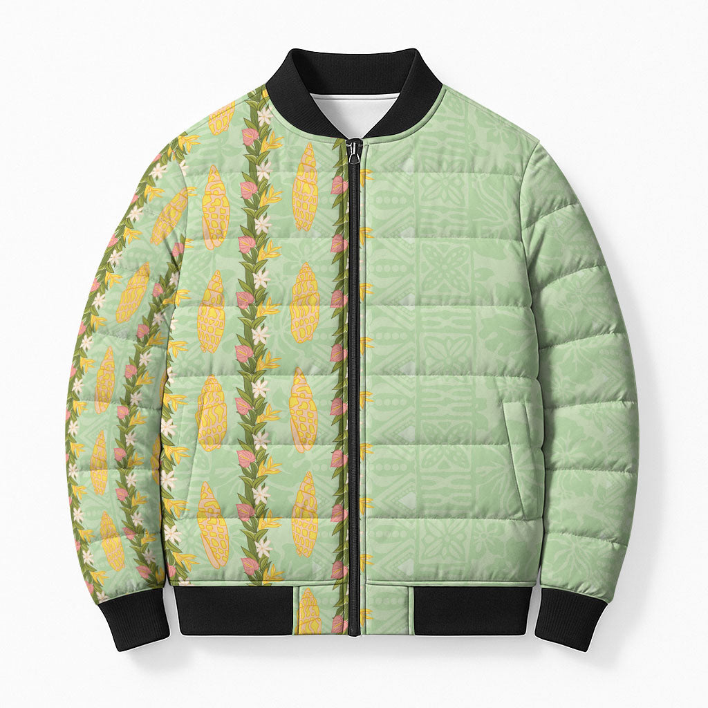 Hawaii Shell Tiare Anthurium Heliconia Lei Bomber Puffer Jacket With Tapa Pattern Baby Green