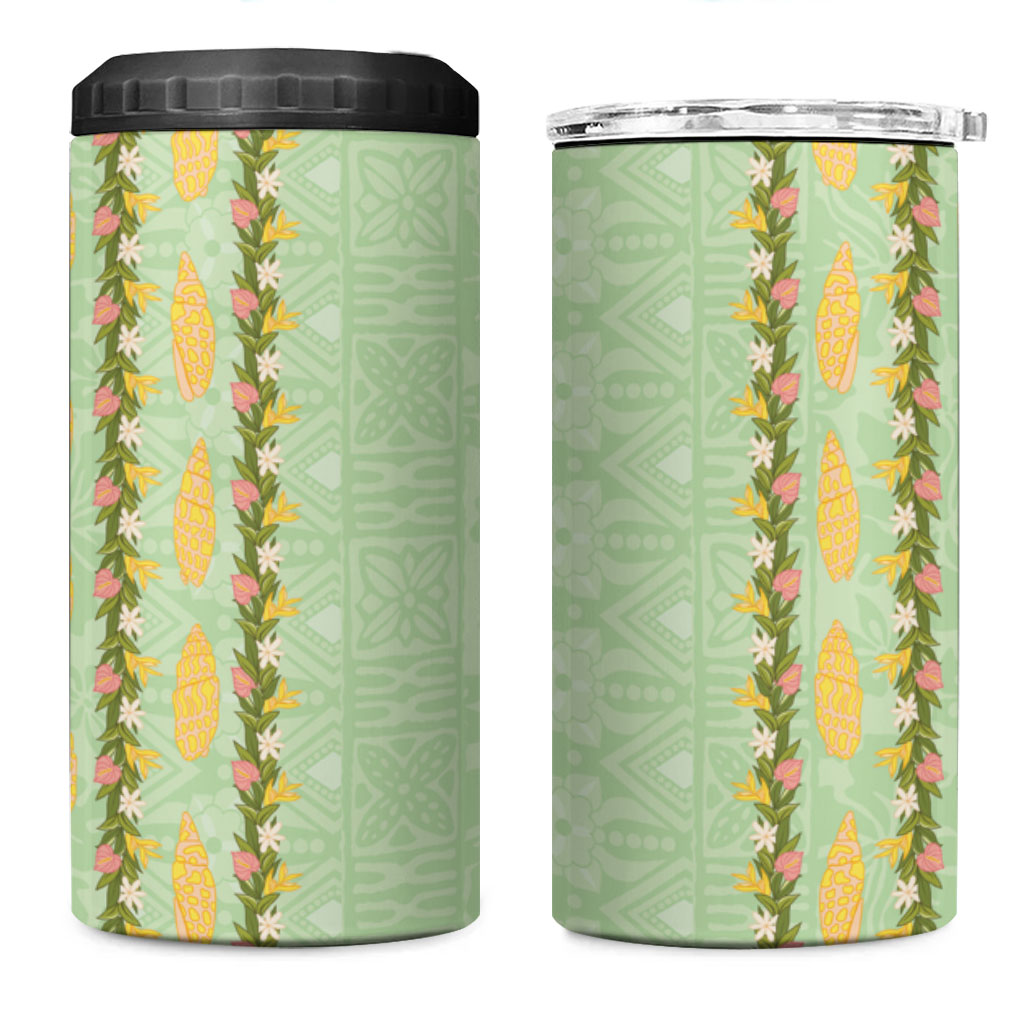 Hawaii Shell Tiare Anthurium Heliconia Lei 4 in 1 Can Cooler Tumbler With Tapa Pattern Baby Green LT05 One Size: 16 oz Green - Polynesian Pride