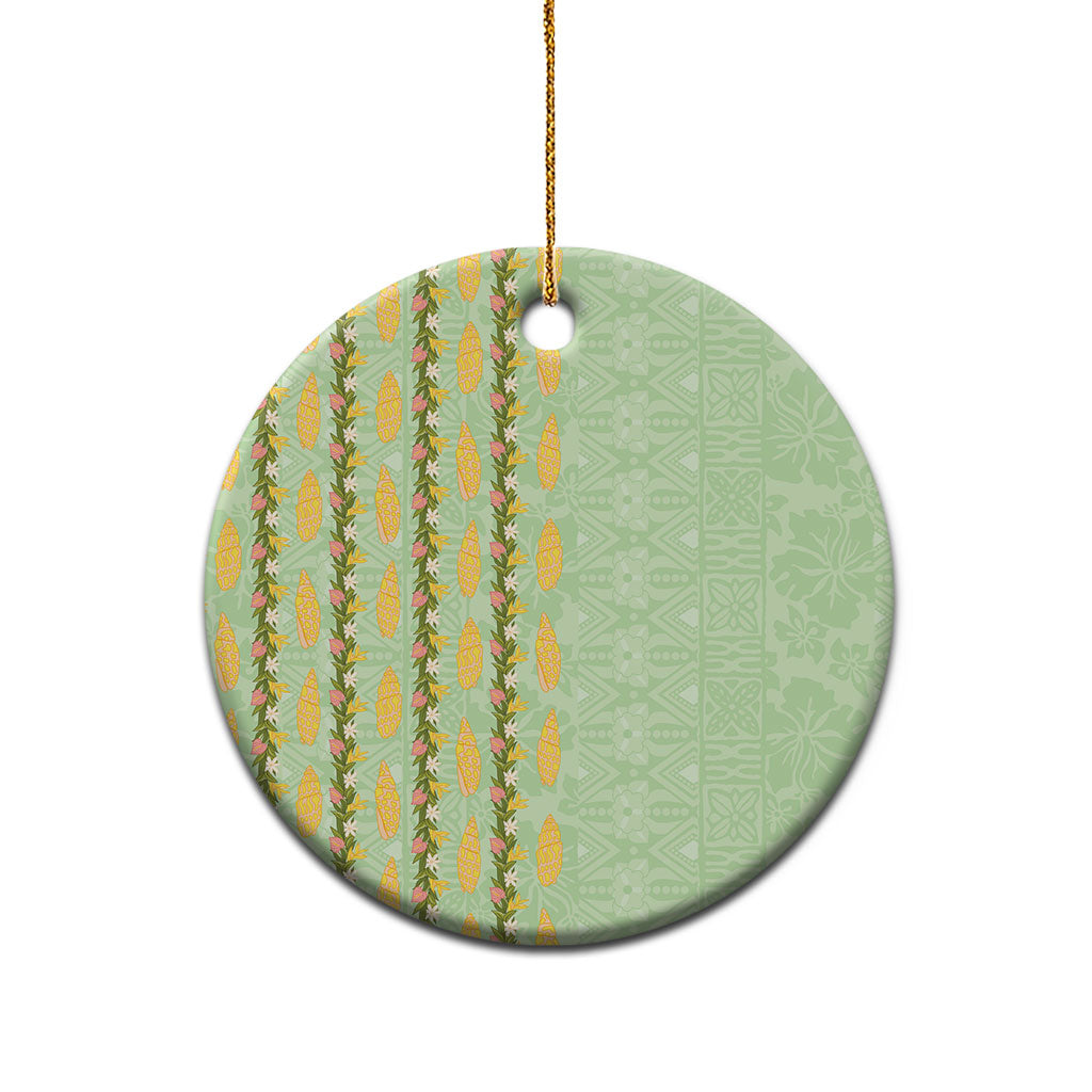 Hawaii Shell Tiare Anthurium Heliconia Lei Ceramic Ornament With Tapa Pattern Baby Green