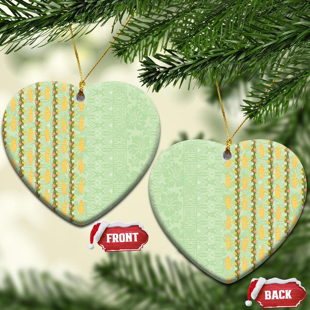 Hawaii Shell Tiare Anthurium Heliconia Lei Ceramic Ornament With Tapa Pattern Baby Green