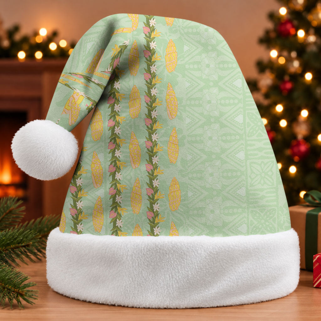 Hawaii Shell Tiare Anthurium Heliconia Lei Christmas Santa Hat With Tapa Pattern Baby Green LT05 Without Fur Green - Polynesian Pride