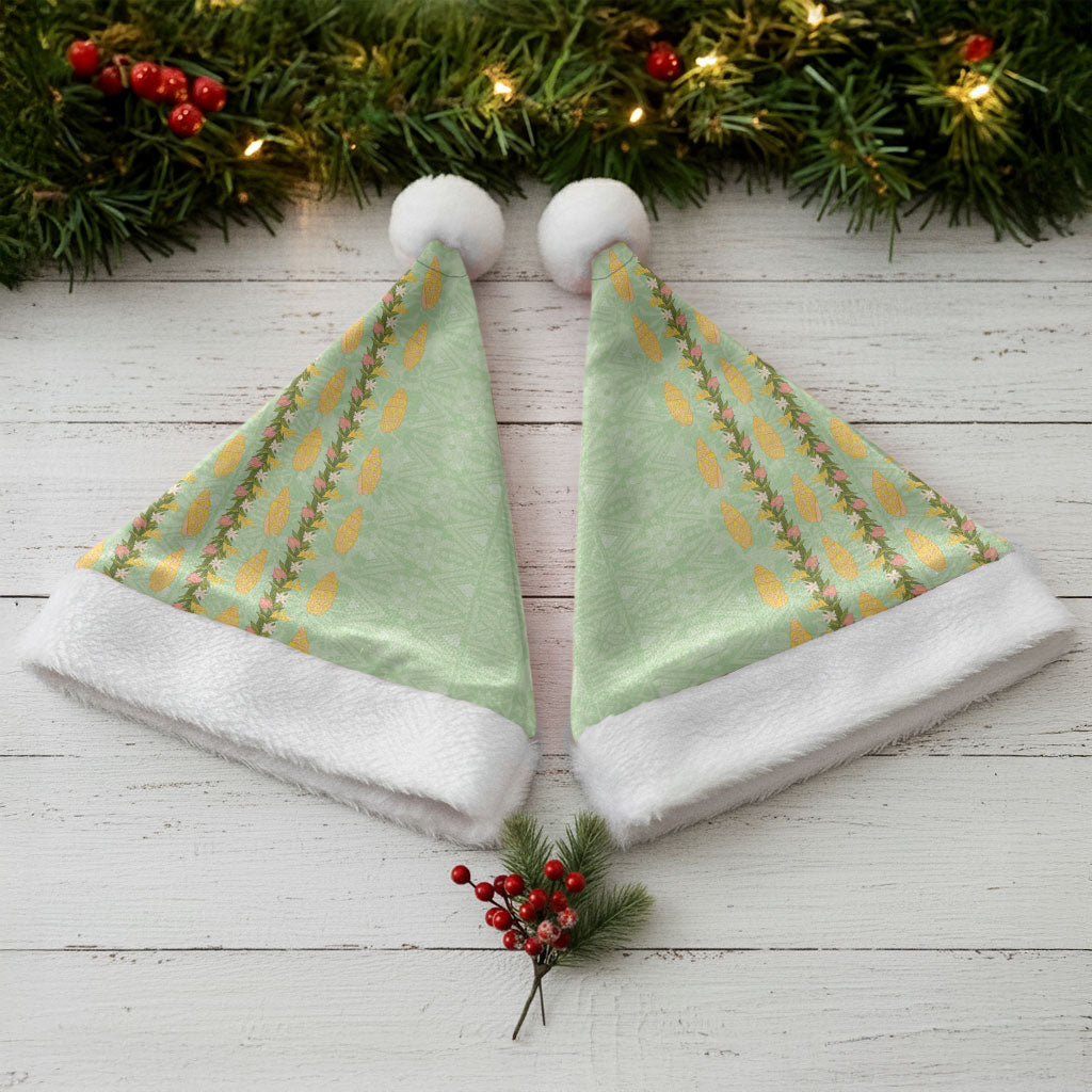 Hawaii Shell Tiare Anthurium Heliconia Lei Christmas Santa Hat With Tapa Pattern Baby Green LT05 - Polynesian Pride