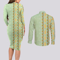 Hawaii Shell Tiare Anthurium Heliconia Lei Couples Matching Long Sleeve Bodycon Dress and Long Sleeve Button Shirt With Tapa Pattern Baby Green